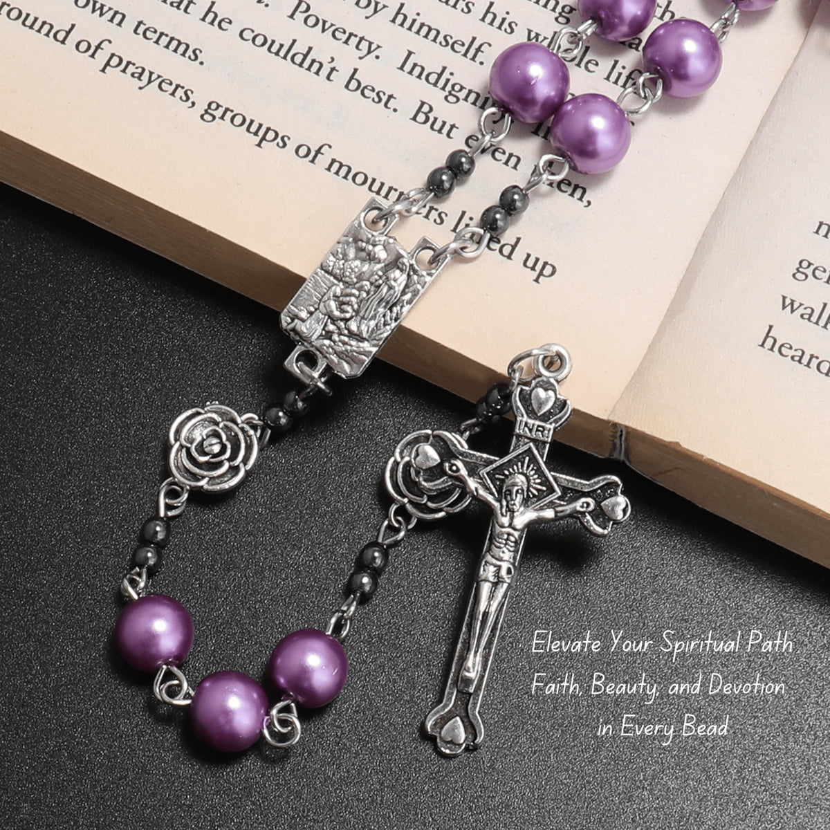Purple Pearl Beads Rosary Metal Mystery Roses with Hematite Stone Rosary Necklace - Nazareth Store