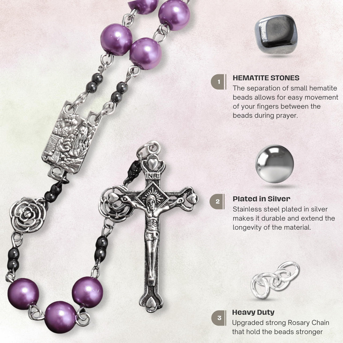 Purple Pearl Beads Rosary Metal Mystery Roses with Hematite Stone Rosary Necklace - Nazareth Store