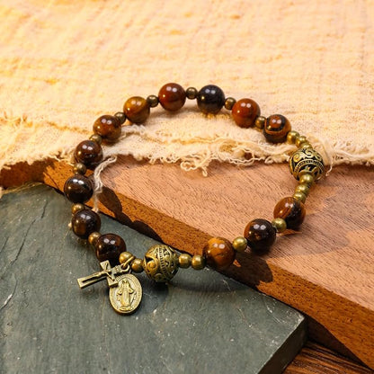 Brown Tiger Eye Rosary Bracelet Metal Separators with Miraculous Medal & Cross Wrist Jewelry (Copy)