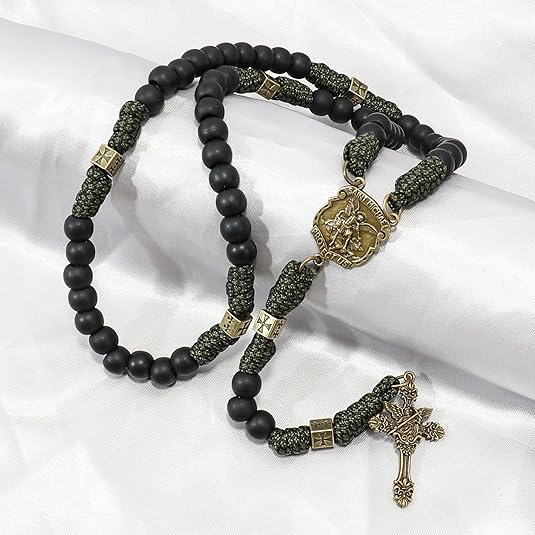 Antique Bronze Metal Rugged Paracord Rosary Necklace Black Matte Prayer Beads with Saint Medal and Crucifix Cross Nazareth Store