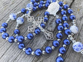 Copy of White Flowers Blue Pearl Beads Rosary Beaded Necklace Lourdes Medal & Cross Crucifix Nazareth Store