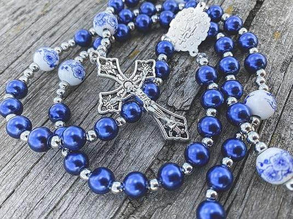 Blue Flowers Beads Rosary Crystallized Glass Pearl Necklace - Nazareth Store