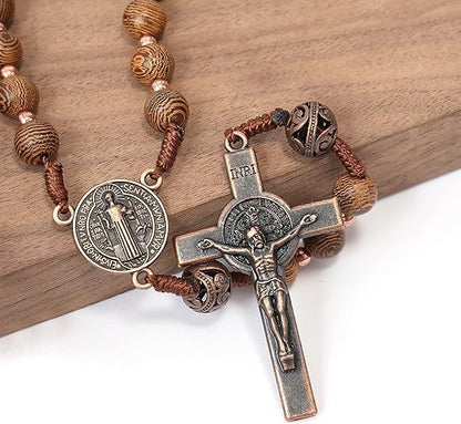 Sacred Wooden Rosary St Benedict Solid Wood & Metal Beads Catholic Chaplet 20" - Nazareth Store