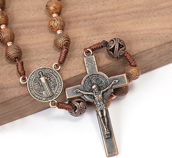 Sacred Wooden Rosary St Benedict Solid Wood & Metal Beads Catholic Chaplet 20" - Nazareth Store