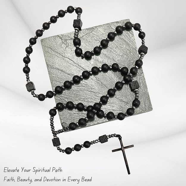 Black Tiger Eye & Lava Stone 9mm Beads Rosary Necklace with Black Alloy Cross Nazareth Store