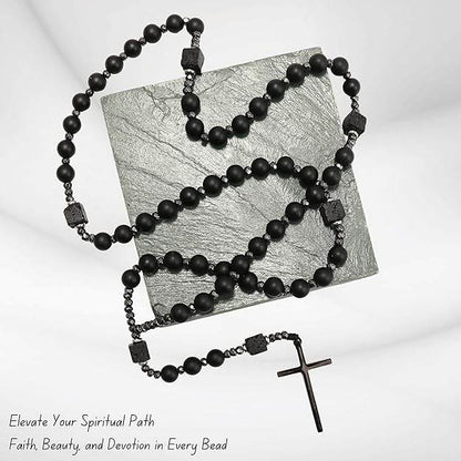 Black Tiger Eye & Lava Stone 9mm Beads Rosary Necklace with Black Alloy Cross - Nazareth Store