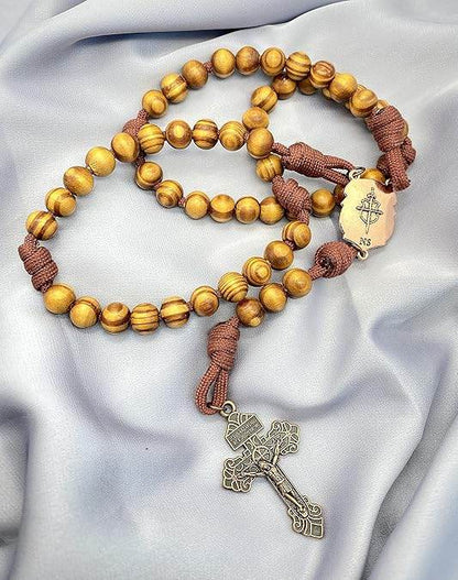 Rugged Cord Wooden Beads Paracord Rosary Necklace Red Bronze St Michael Medal - Nazareth Store
