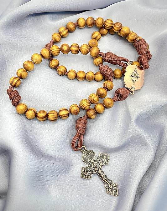 Rugged Cord Wooden Beads Paracord Rosary Necklace Red Bronze St Michael Medal - Nazareth Store