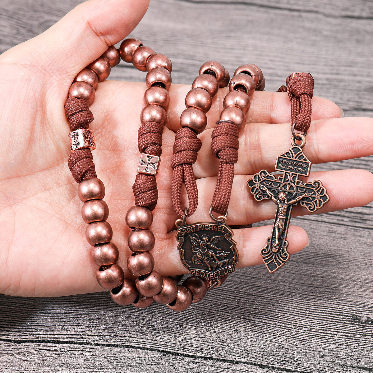 Strong Corded Antique Copper Beads Paracord Rugged Rosary Necklace with St.Michael Medal and Pardon Crucifix - Nazareth Store