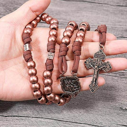 Strong Corded Antique Copper Beads Paracord Rugged Rosary Necklace with St.Michael Medal and Pardon Crucifix - Nazareth Store