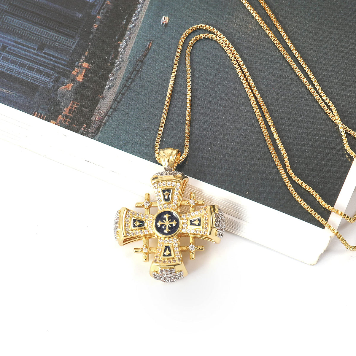 Blue Enamel Jerusalem Cross Pendant Necklace 18k Gold Plating Crystallized Stones - Nazareth Store