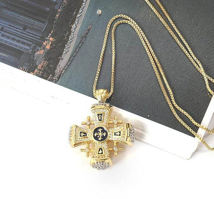 Blue Enamel Jerusalem Cross Pendant Necklace 18k Gold Plating Crystallized Stones - Nazareth Store