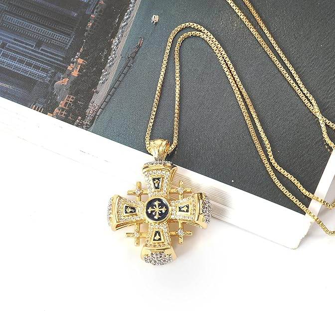Blue Enamel Jerusalem Cross Pendant Necklace 18k Gold Plating Crystallized Stones - Nazareth Store