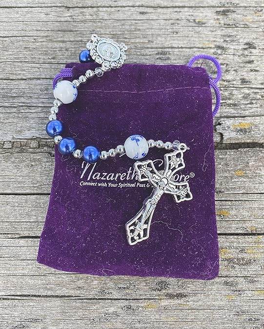Blue Flowers Beads Rosary Crystallized Glass Pearl Necklace - Nazareth Store