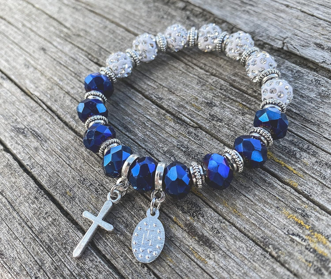 Copy of Christian Cross Bracelet Blue Crystal Beaded Stretch Rosary Bracelet Nazareth Store