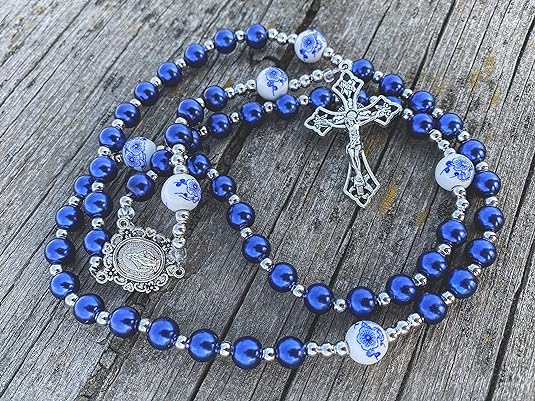 Copy of White Flowers Blue Pearl Beads Rosary Beaded Necklace Lourdes Medal & Cross Crucifix Nazareth Store