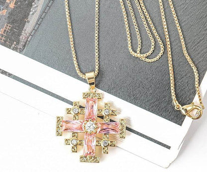 Pink Topaz Jerusalem Cross Pendant 18k Yellow Gold Plated with Crystals - Nazareth Store