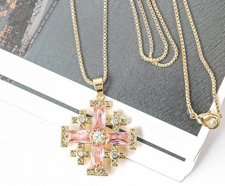 Pink Topaz Jerusalem Cross Pendant 18k Yellow Gold Plated with Crystals - Nazareth Store