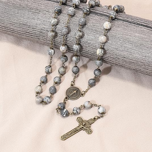 Blue Lapis Lazuli Natural Stone Rosary Beads Necklace Holy Soil & Cross Crucifix (Copy) Nazareth Store