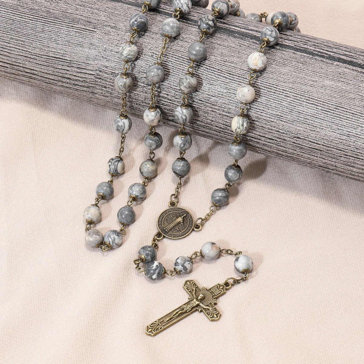 St. Benedict Map Stone Antique Bronze Rosary Necklace Cross and Medal - Nazareth Store