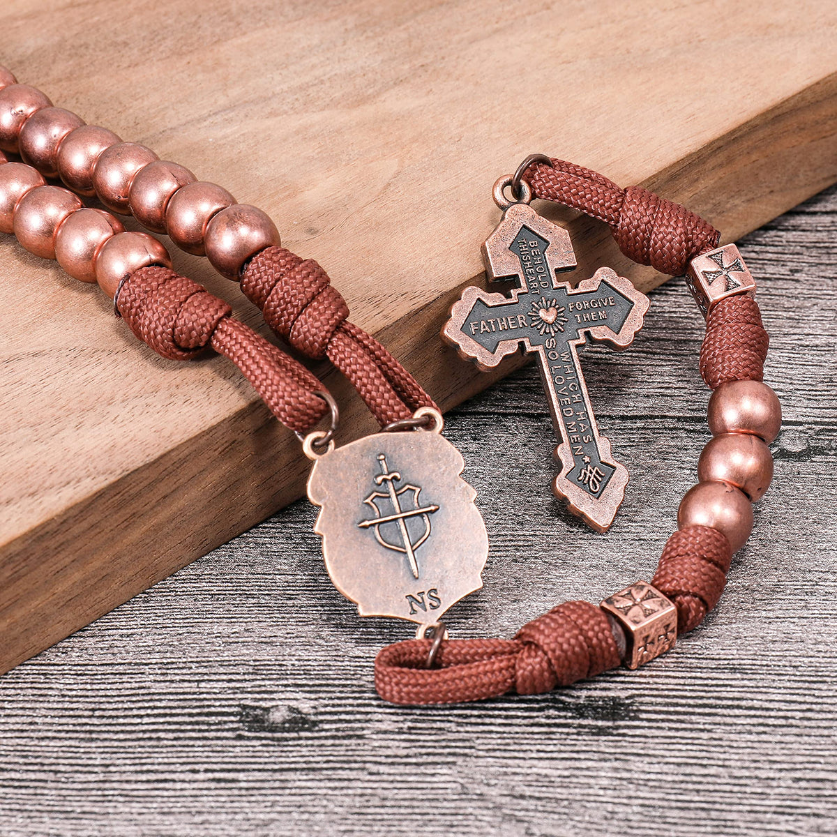 Strong Corded Antique Copper Beads Paracord Rugged Rosary Necklace with St.Michael Medal and Pardon Crucifix - Nazareth Store