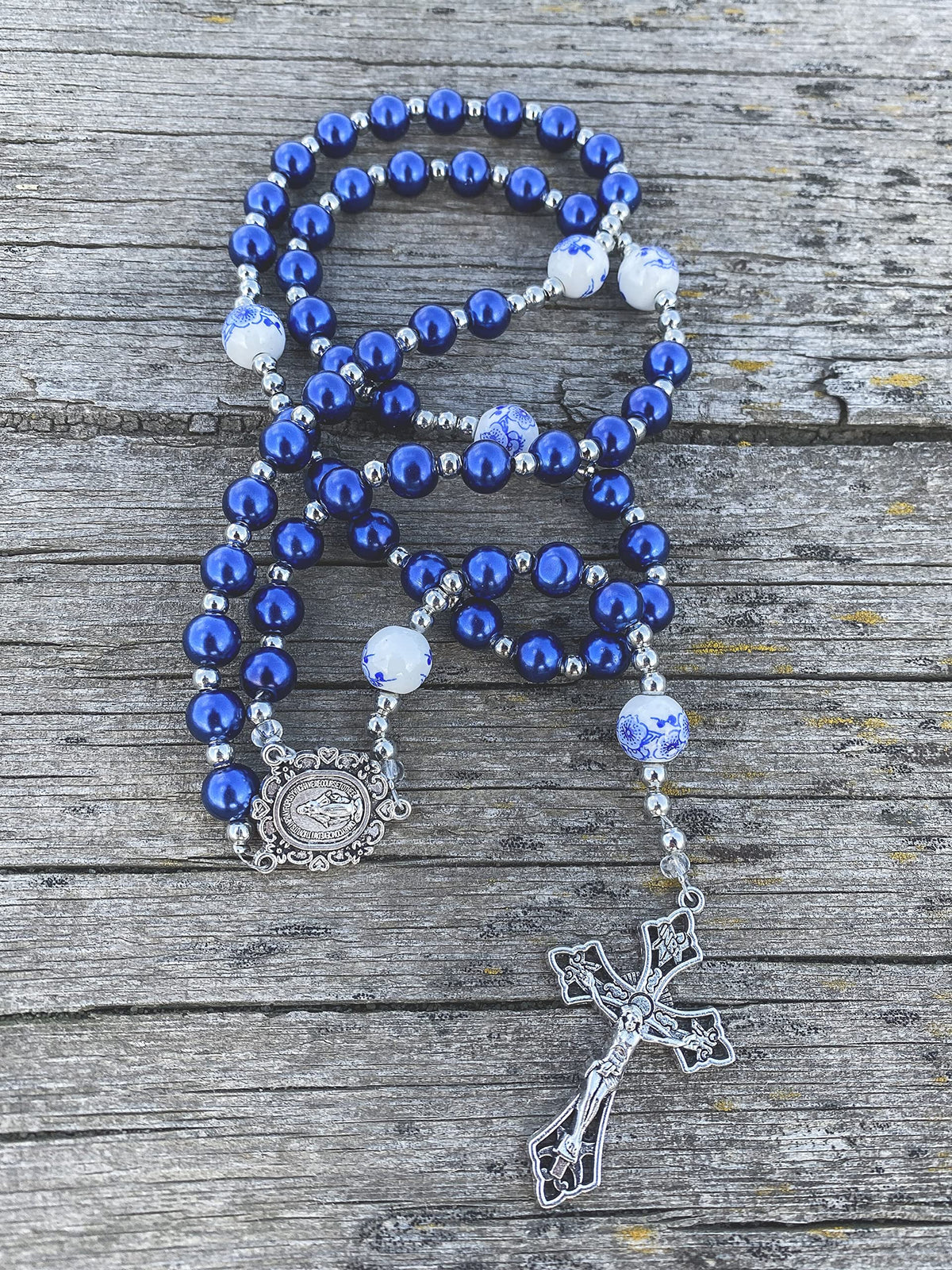 Blue Flowers Beads Rosary Crystallized Glass Pearl Necklace - Nazareth Store