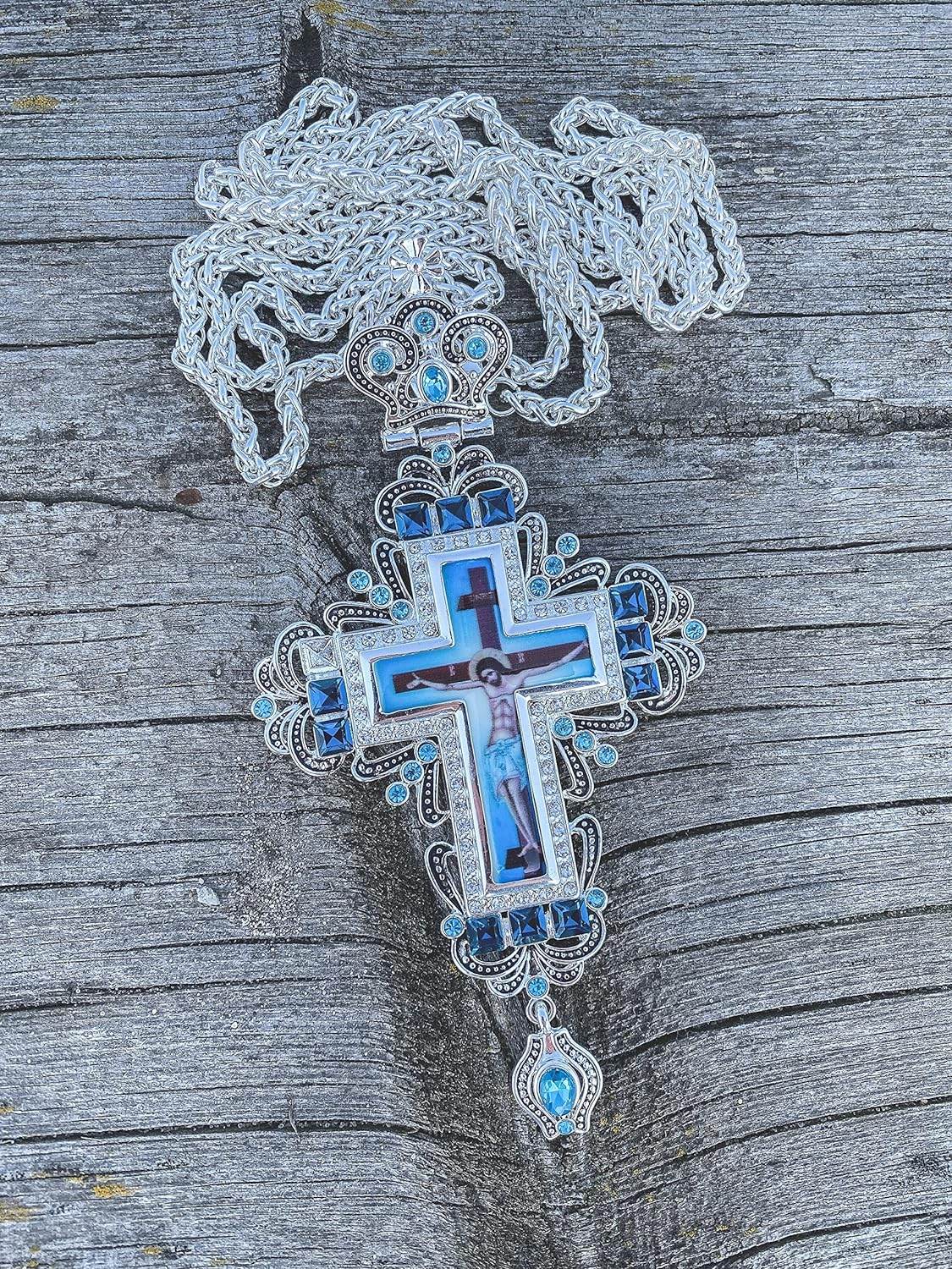 Turqouise Crystallized Pectoral Clergy Cross Pendant Jesus Priest Bishop Crucifix - Nazareth Store