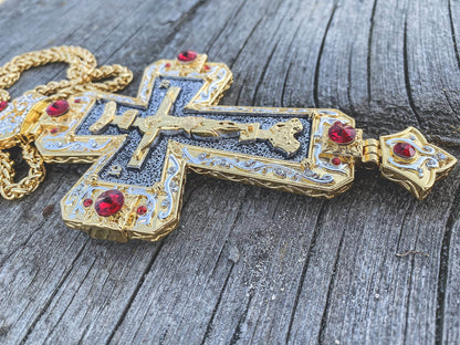 Gold Pectoral Cross Pendant Jesus Priest Bishop Crystallized Beads Clergy Necklace - Nazareth Store