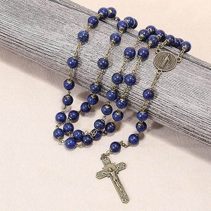 Lapis Lazuli Stone Beads Rosary Antique Bronze Necklace St. Benedict Cross and Medal - Nazareth Store