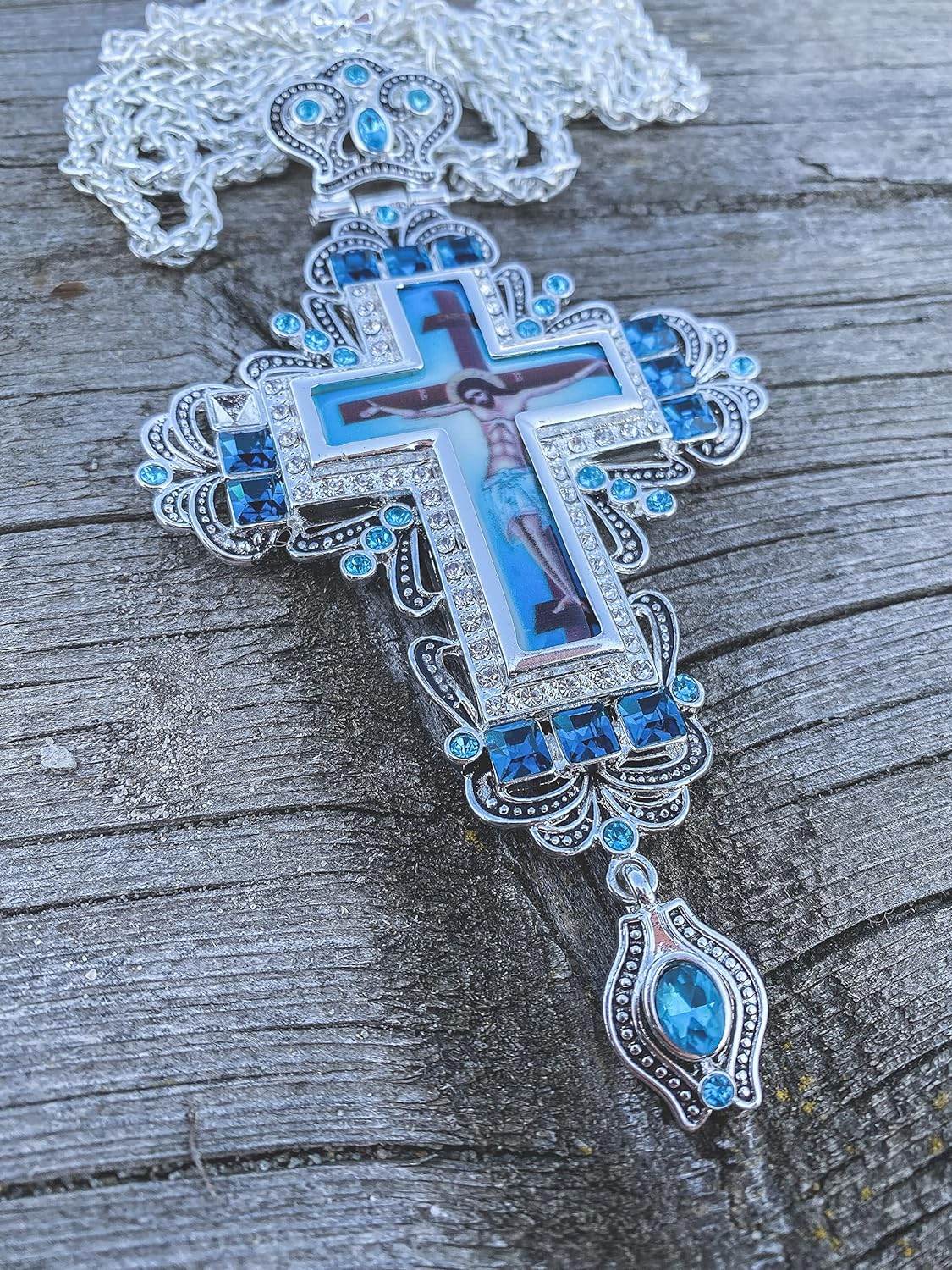 Turqouise Crystallized Pectoral Clergy Cross Pendant Jesus Priest Bishop Crucifix - Nazareth Store
