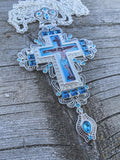 Pectoral Clergy Cross Jesus Turqouise Crystallized Pendant with Pearls & Long Chain 23 Nazareth Store