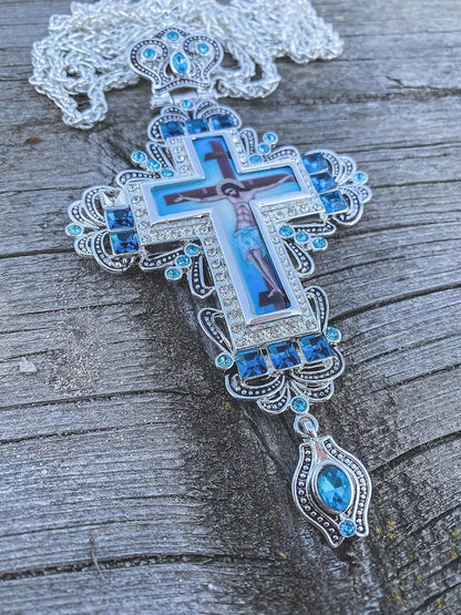 Turqouise Crystallized Pectoral Clergy Cross Pendant Jesus Priest Bishop Crucifix - Nazareth Store
