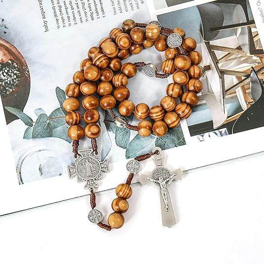 Wood Beads Rosary St. Benedict Solid Prayer Chaplet Silver Jesus Crucifix & Saint Medal - Nazareth Store