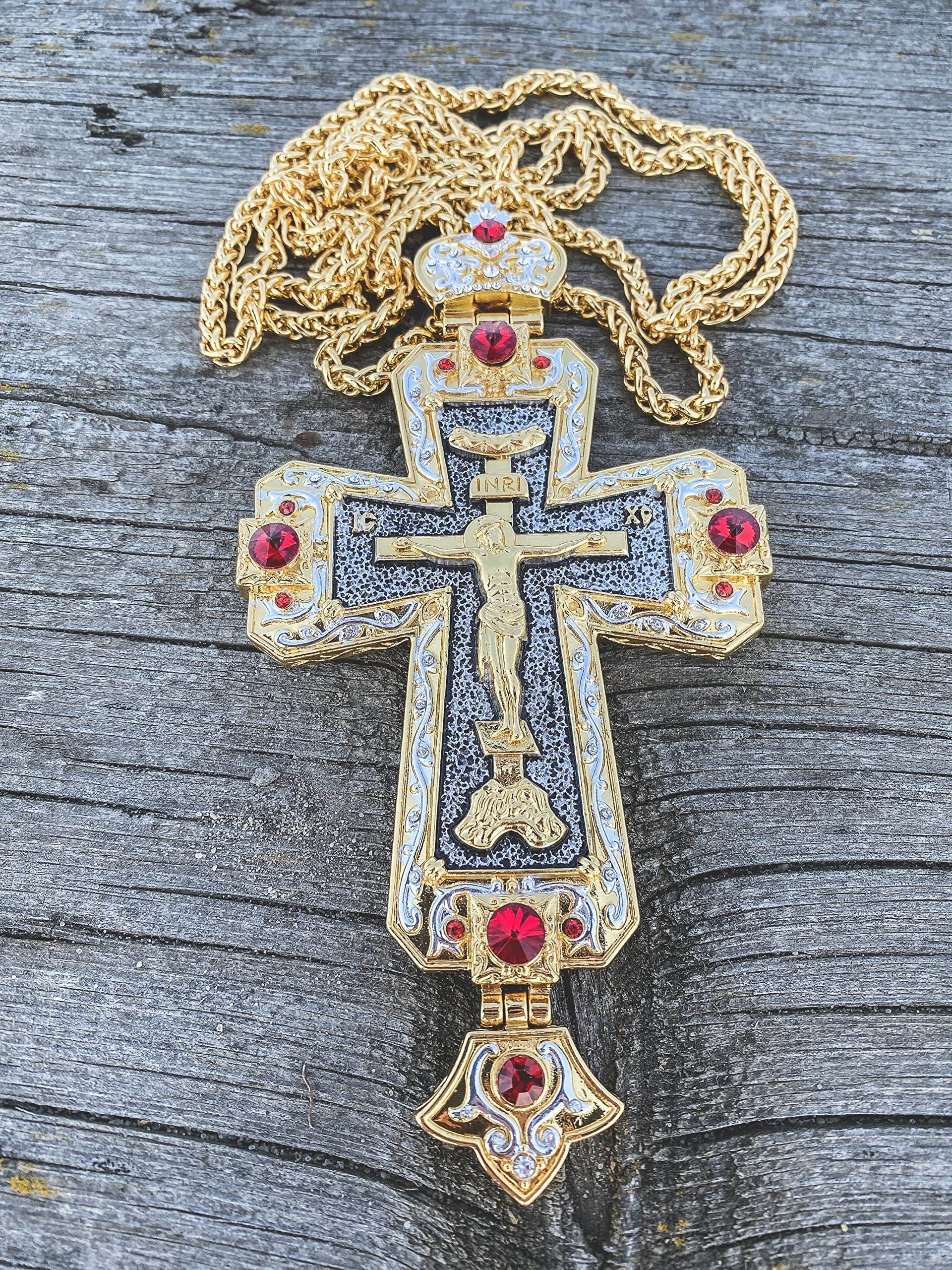 Gold Pectoral Cross Pendant Jesus Priest Bishop Crystallized Beads Clergy Necklace - Nazareth Store