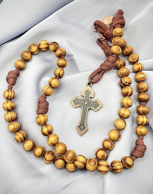 Rugged Cord Wooden Beads Paracord Rosary Necklace Red Bronze St Michael Medal - Nazareth Store
