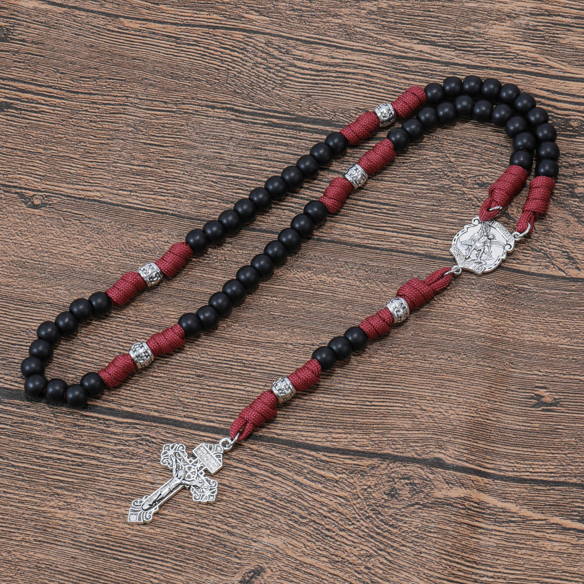 St.Michael Black Beads Red Paracord Rosary Rugged Beaded Pardon Cross - Nazareth Store