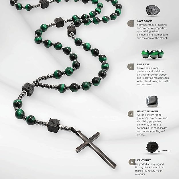 Green Tiger Eye & Lava Stone 9mm Beads Rosary Necklace with Black Alloy Cross Nazareth Store