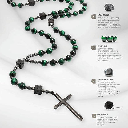 Green Tiger Eye & Lava Stone 9mm Beads Rosary Necklace with Black Alloy Cross - Nazareth Store