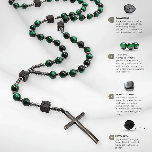 Green Tiger Eye & Lava Stone 9mm Beads Rosary Necklace with Black Alloy Cross - Nazareth Store
