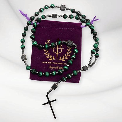 Green Tiger Eye & Lava Stone 9mm Beads Rosary Necklace with Black Alloy Cross - Nazareth Store