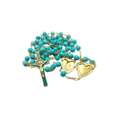 Saint Benedict Turquoise Beads Rosary Enamel Cross Heart Shape Medal - Nazareth Store