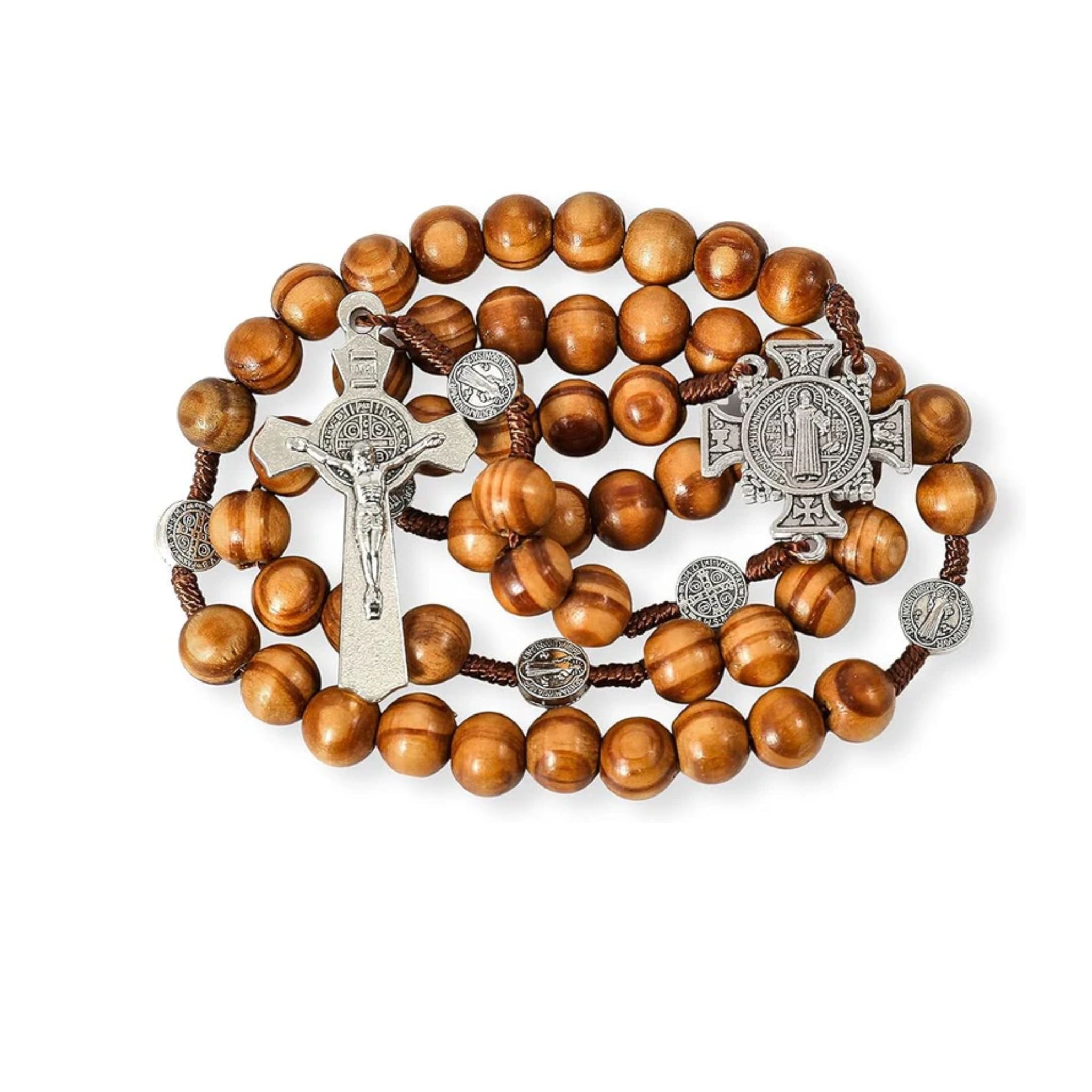 Wood Beads Rosary with St. Benedict, Solid Wooden Prayer Chaplet, Silver Jesus Crucifix & Saint Medal Nazareth Store