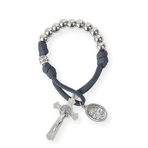 Silver Beads Blue Paracord Pocket Car Rosary St. Joseph Medal & St. Benedict Cross