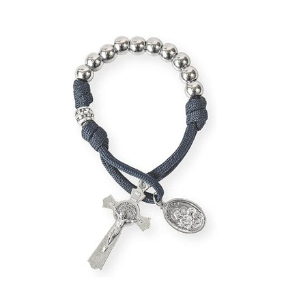 Silver Beads Blue Paracord Pocket Car Rosary St. Joseph Medal & St. Benedict Cross - Nazareth Store