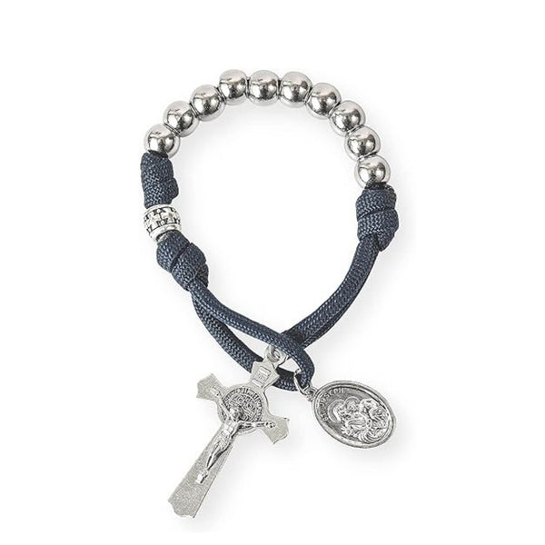 Silver Beads Blue Paracord Pocket Car Rosary St. Joseph Medal & St. Benedict Cross - Nazareth Store