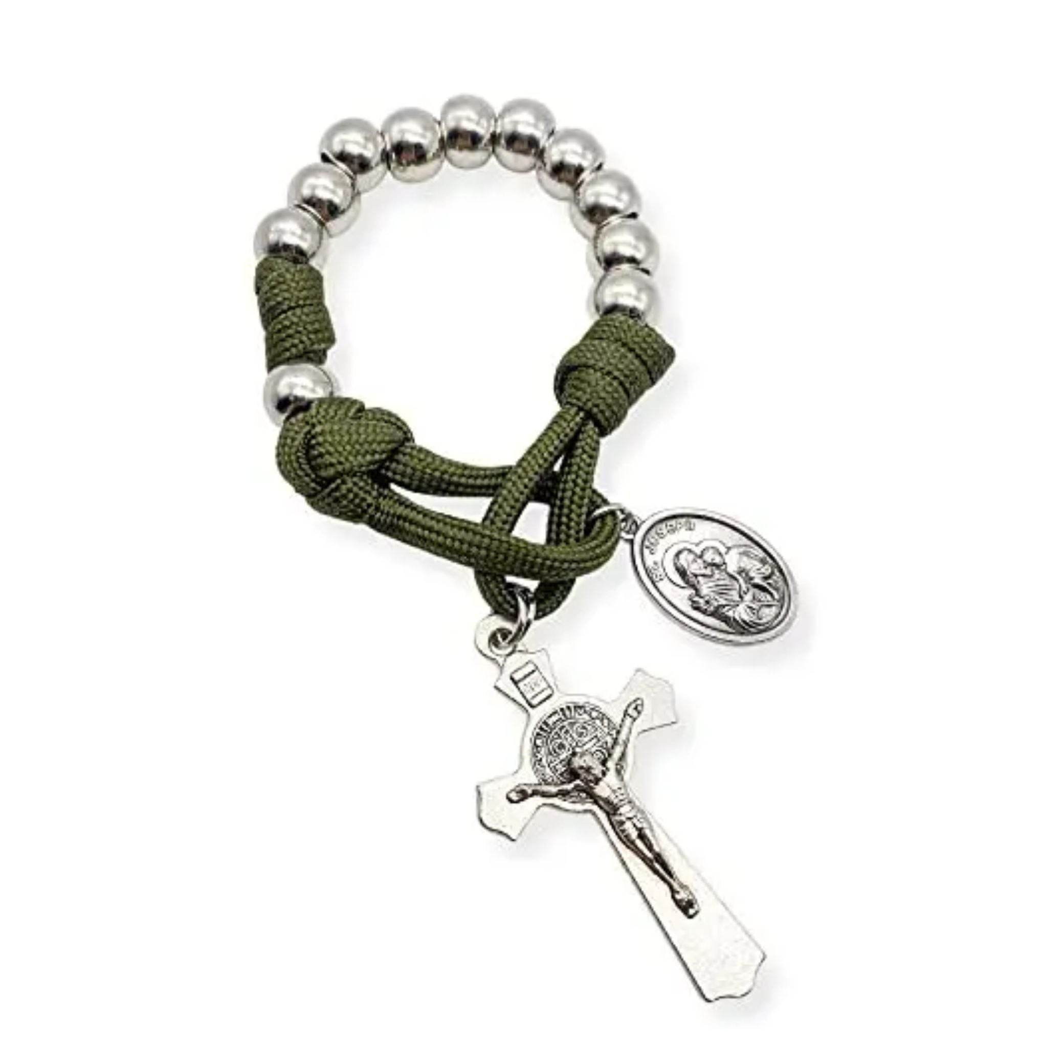Silver Beads Paracord Pocket Car Rosary St. Joseph Medal & St. Benedict Cross - Nazareth Store