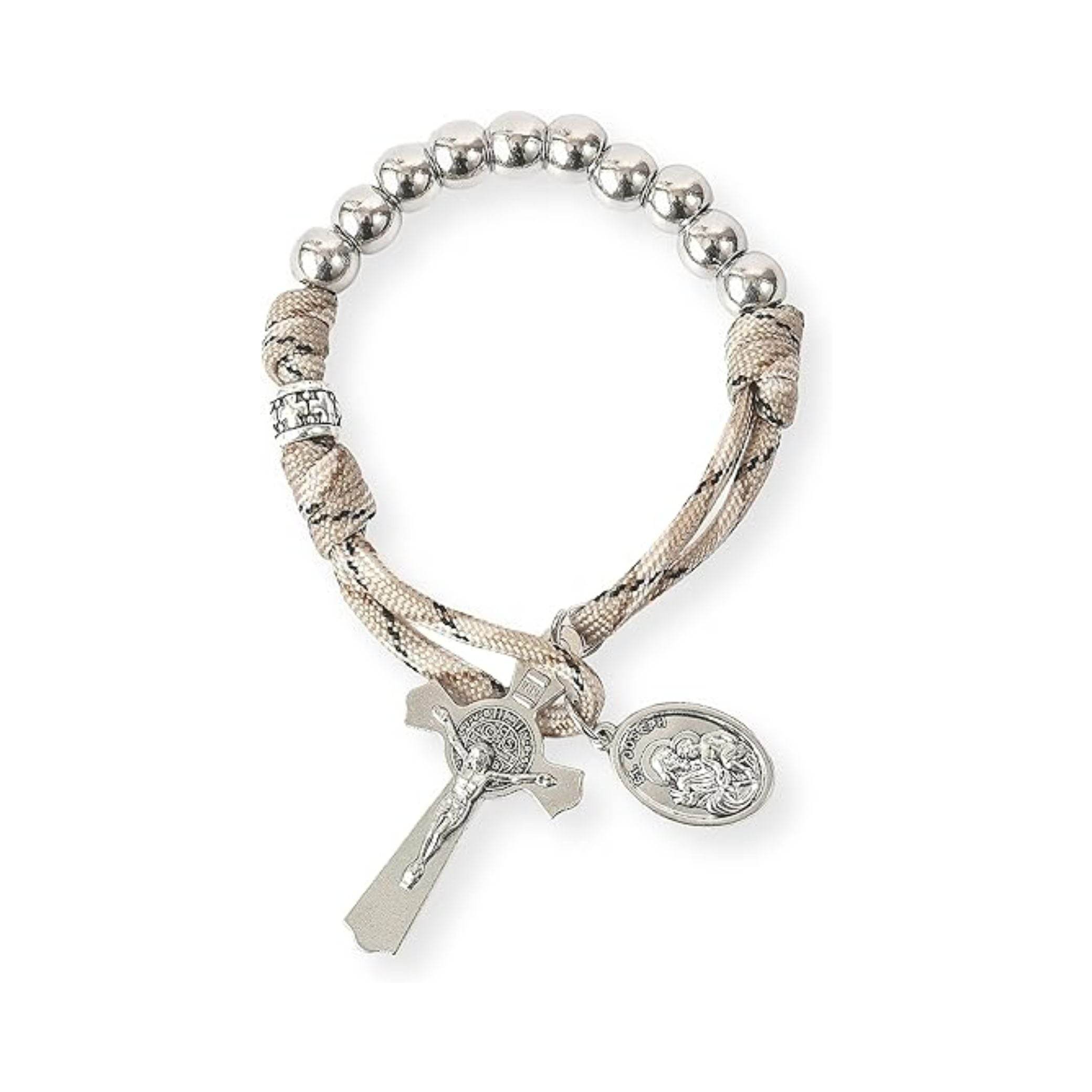 Silver Beads Brown Paracord Pocket Car Rosary St. Joseph Medal & St. Benedict Cross - Nazareth Store