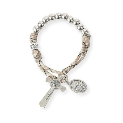 Silver Beads Brown Paracord Pocket Car Rosary St. Joseph Medal & St. Benedict Cross - Nazareth Store