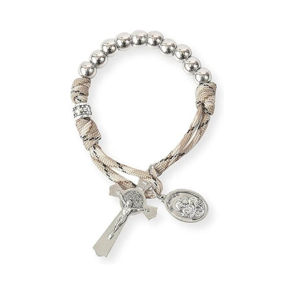 Silver Beads Brown Paracord Pocket Car Rosary St. Joseph Medal & St. Benedict Cross - Nazareth Store