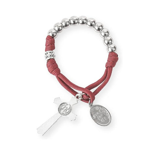 Silver Beads Red Paracord Pocket Car Rosary with St. Joseph Medal & St. Benedict Cross